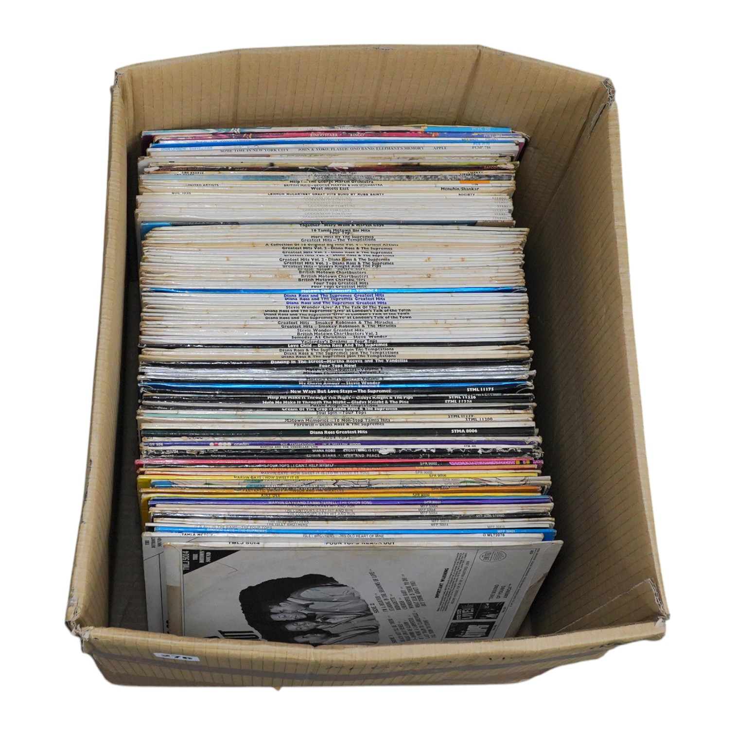 A hundred LP record albums, artists include; the Isley Brothers, the Contours, Kiki Dee, Smokey Robinson, Mary Wells, Marvin Gaye, Diana Ross, The Supremes, Stevie Wonder, Ringo Starr, John Lennon, George Harrison, plus